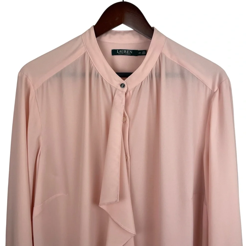 Lauren Ralph Lauren | Pink Ruffle Front Button Long Sleeve Blouse - Picture 2 of 8